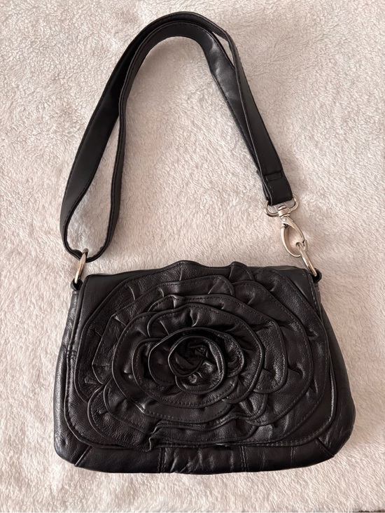 Handbags - Genuine Leather Black Floral Rosette Shoulder Bag Coquette Romantic Cottagecore